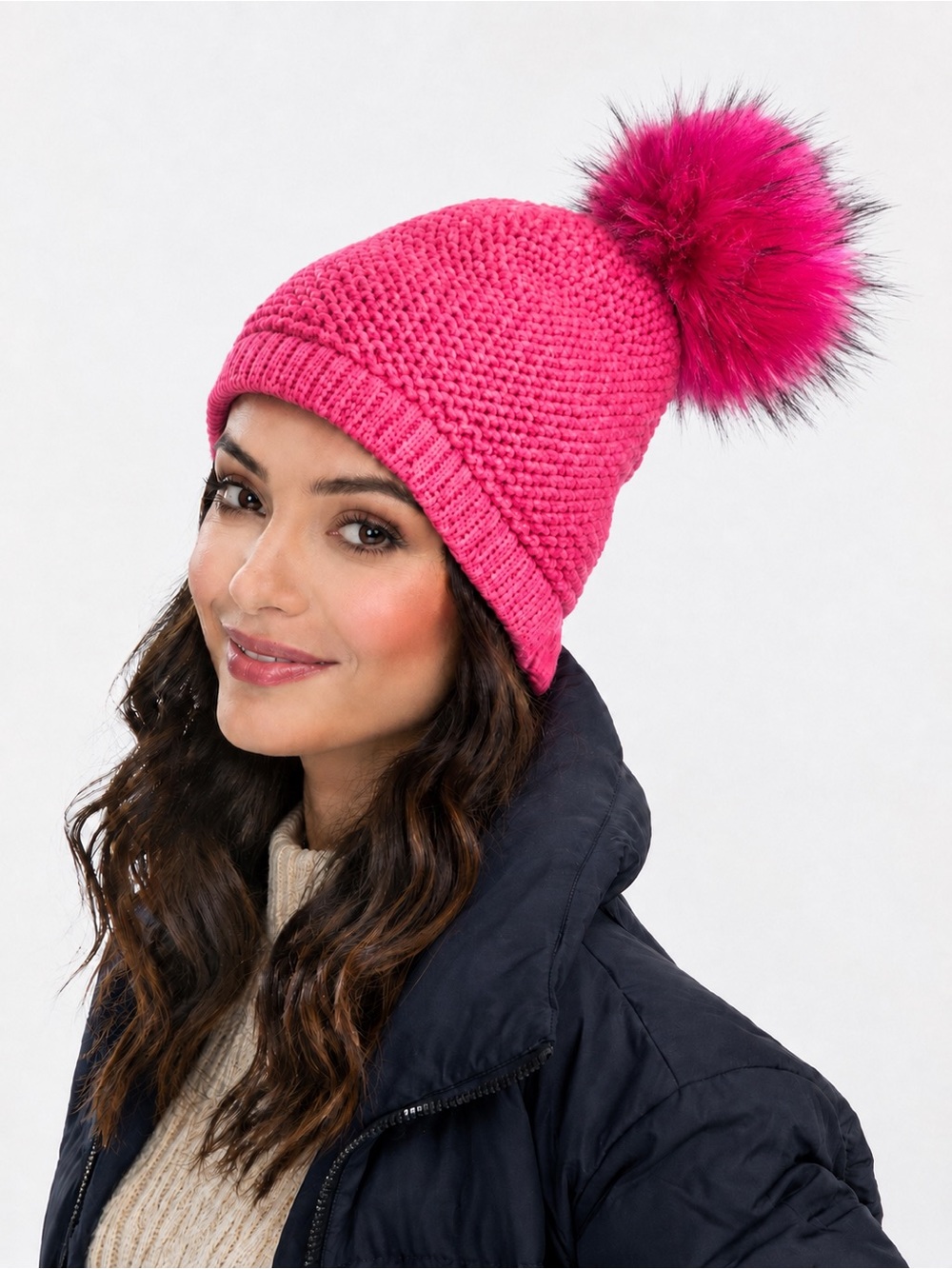 KYI KYI Icon Faux Fur Pom Pom Wool Blend Beanie Fuchsia NWOT